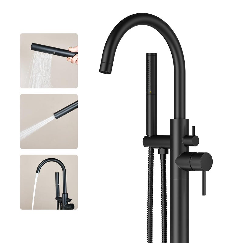 Ryuwanku Freestanding Bathtub Faucet Matte Black Tub Filler Floor Mount Free Standing Metal Bathroom Tub Gooseneck Spout With 2 Function Hand Shower - Image 1
