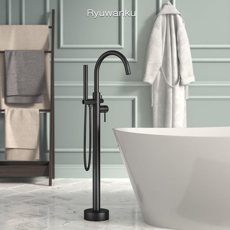 Ryuwanku Freestanding Bathtub Faucet Matte Black Tub Filler Floor Mount Free Standing Metal Bathroom Tub Gooseneck Spout With 2 Function Hand Shower - Image 2