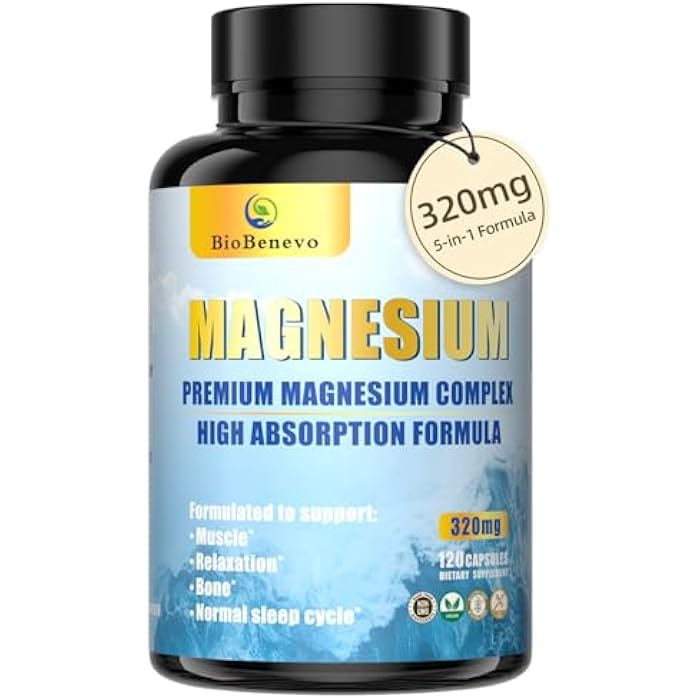 BioBenevo 5-in-1 Magnesium Complex | 320mg of Magnesium Glycinate, Malate, Citrate… | Support for Sleep, Muscle Relaxation, and Energy Metabolism | High Absorption | Vegan, Non-GMO | 120 Capsules - Image 1