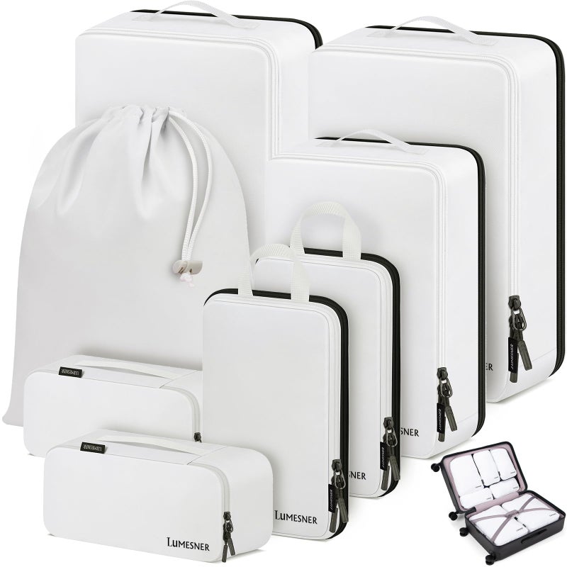 Lumesner Compression Packing Cubes - 8 Piece Set for Carry-on Suitcases and Travel Organizers (White) - Image 1