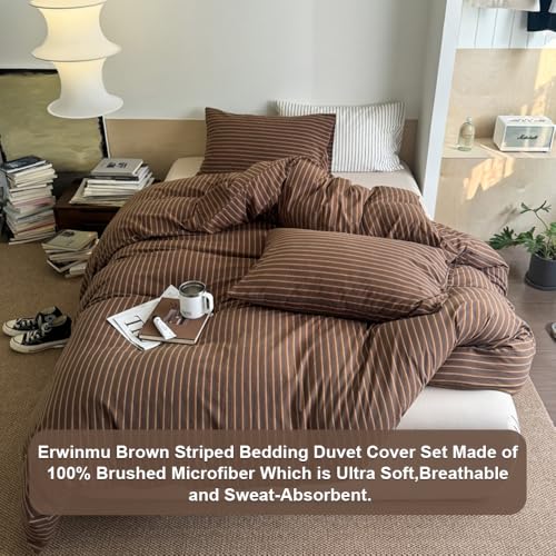 Erwinmu Duvet Cover Set King Size Brown Striped Bedding Set for Girls Boys,Modern Back to School Duvet Cover Kids with Zipper Closure and 2 Pillowcases - Image 2