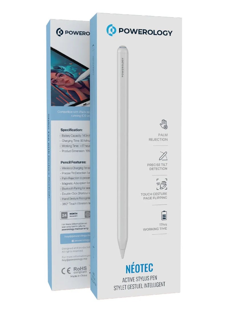 باورولوجي قلم Néotec Active Stylus مع شحن لاسلكي وتحكم بالإيماءات / قلم مغناطيسي متوافق مع iPad Pro/Air/Mini (2018 والإصدارات الأحدث) / مع حساسية الإمالة ورفض راحة اليد - أبيض - Image 3