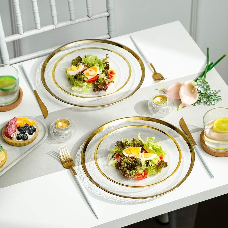 NUPTIO NUPTIO Charger Dinner Plates Glass Gold Rim Chargers Under Plate Sets Bulk 10PCS Clear Glass Tray Round Salad Dishes for Dining Wedding Party Christmas Easter Event Dessert Table Decoration  - Image 3