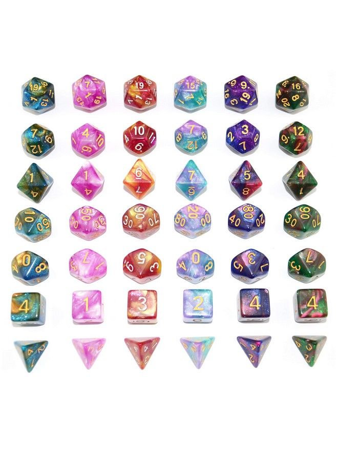 Smartdealspro 6 X 7 Sets (42 Pcs) Glitter Polyhedral Dice Sets With Pouches For Dnd Rpg Mtg Dungeon And Dragons Table Board Roll Playing Games D4 D8 D10 D12 D20 (6 Sets)  - Image 4