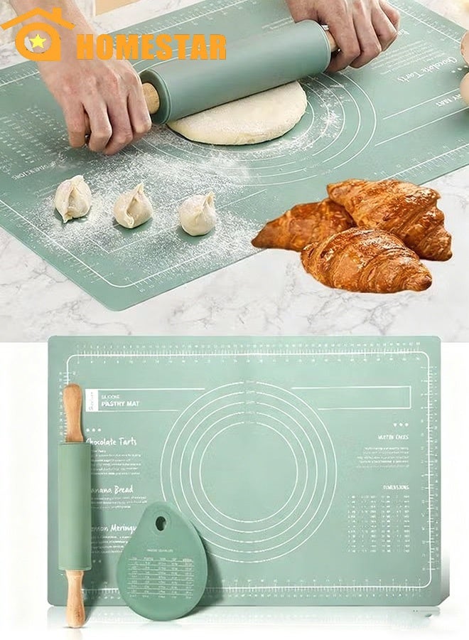 هومستر 3 قطع السيليكون الخبز حصيرة مع دبابيس المتداولة والكشط, الغذاء الصف قابلة لإعادة الاستخدام غير اللاصق المعجنات حصيرة, مقاومة الحرارة الجدول مكان حصيرة, أخضر - Image 1