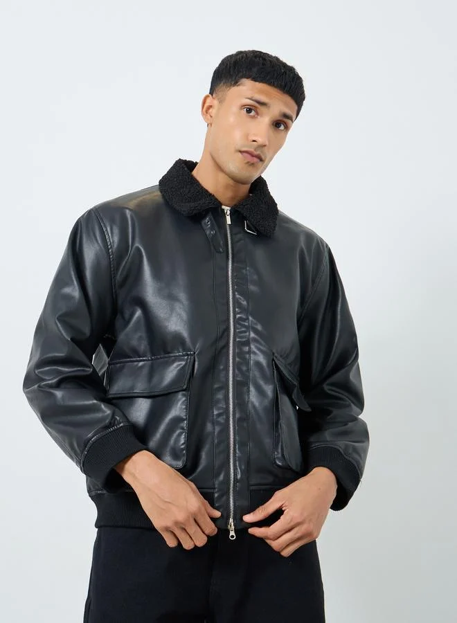 Styli  Styli Men Black Leather Look Oversized Bomber Jacket for Men | Best Price UAE
