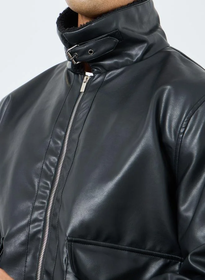 Styli  Styli Men Black Leather Look Oversized Bomber Jacket for Men | Best Price UAE