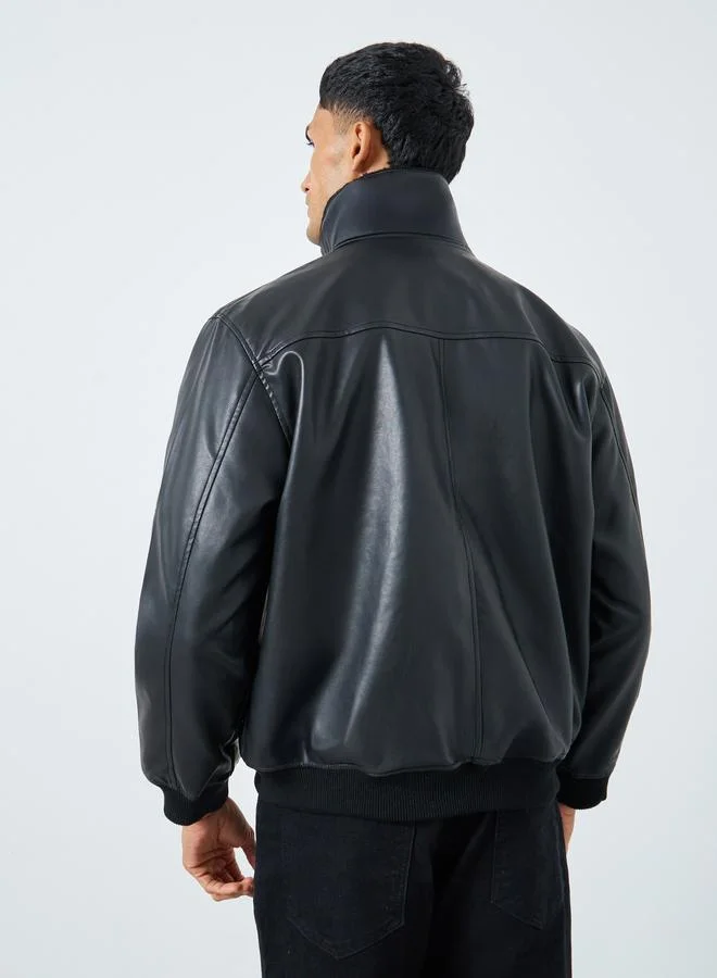 Styli  Styli Men Black Leather Look Oversized Bomber Jacket for Men | Best Price UAE