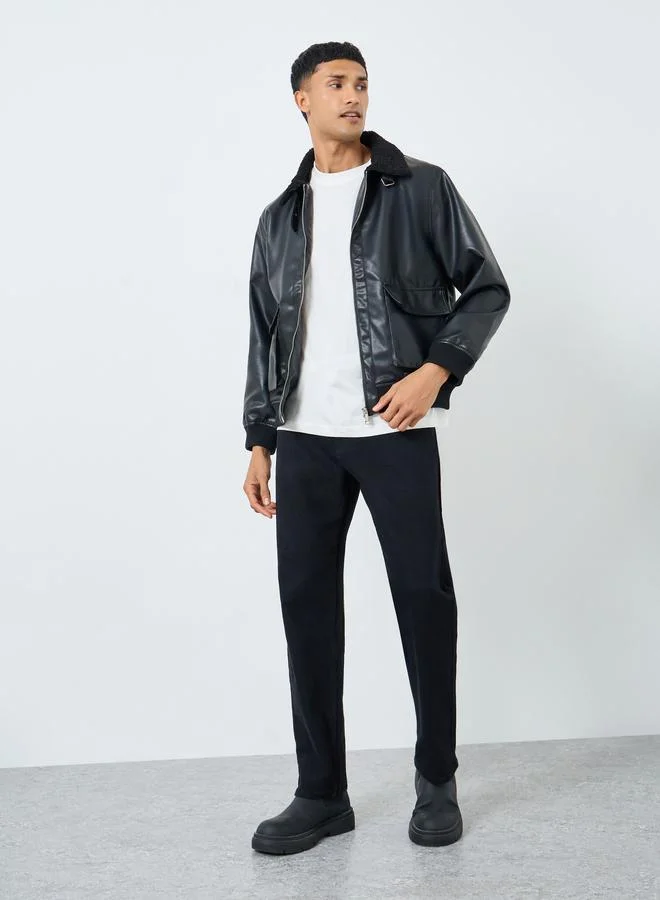 Styli Styli Men Black Leather Look Oversized Bomber Jacket