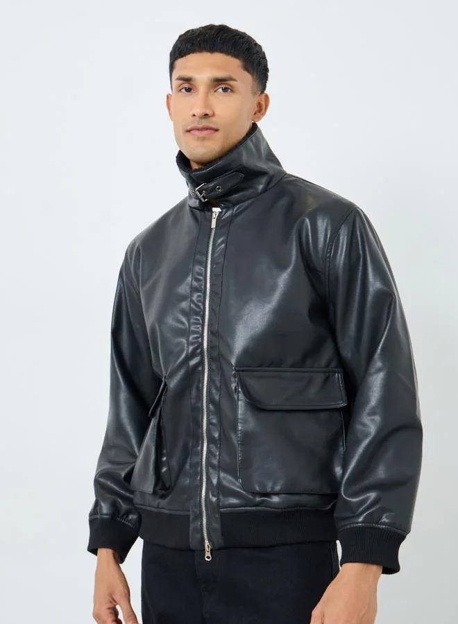Styli  Styli Men Black Leather Look Oversized Bomber Jacket for Men | Best Price UAE