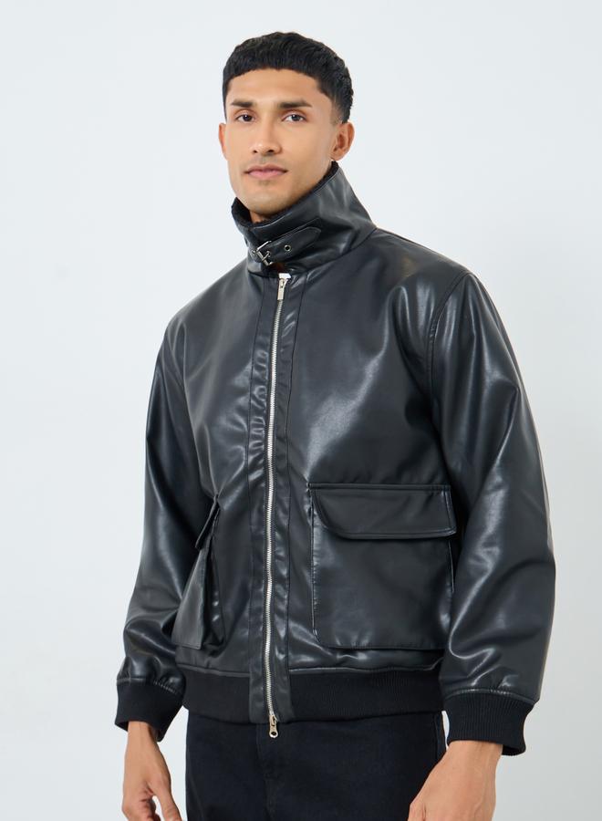 ستايلي جاكيت بومبر واسع بمظهر الجلد - Image 4