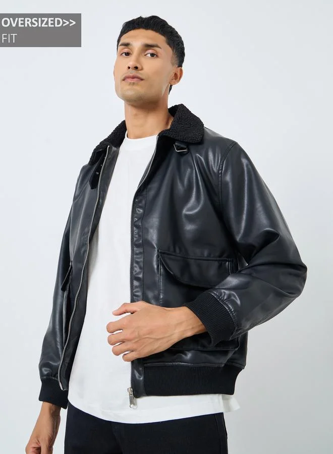 Styli Styli Men Black Leather Look Oversized Bomber Jacket