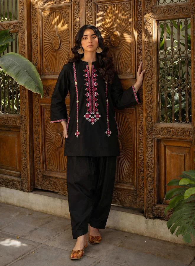 Black Embroidered Short Kurta and Farshi Salwar Set