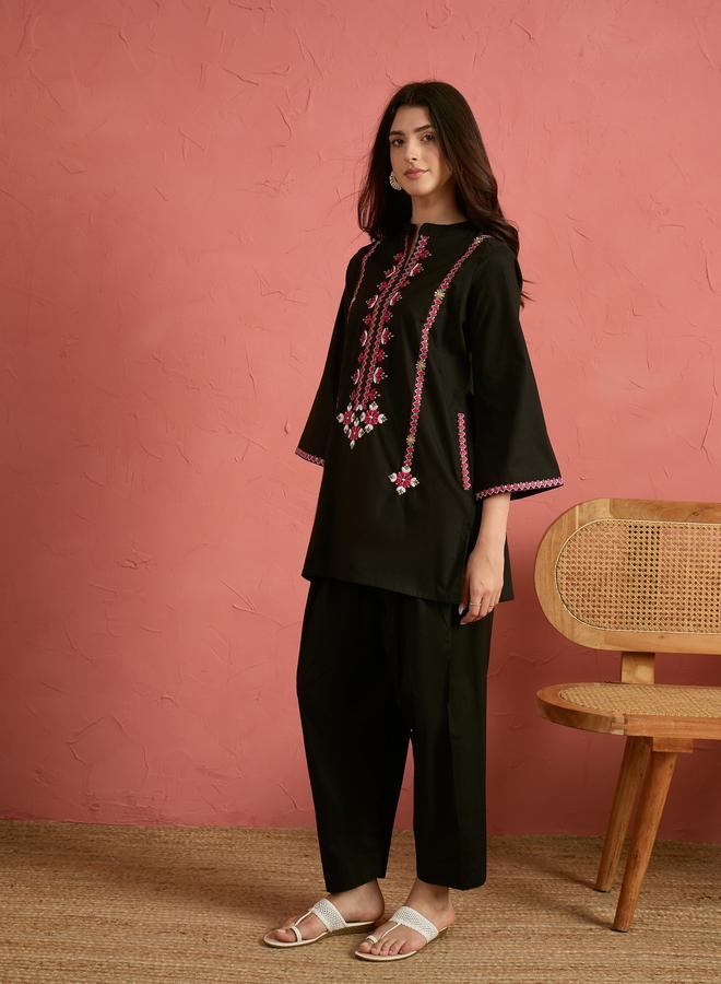 SASSAFRAS Black Embroidered Short Kurta and Farshi Salwar Set - Image 3