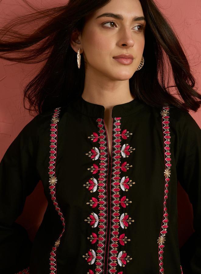 SASSAFRAS Black Embroidered Short Kurta and Farshi Salwar Set - Image 4