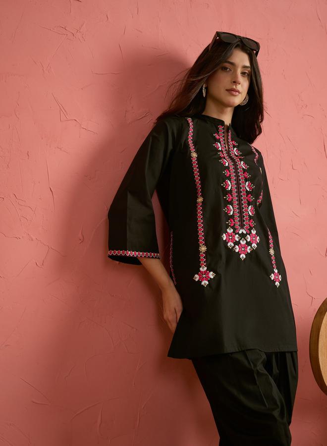 SASSAFRAS Black Embroidered Short Kurta and Farshi Salwar Set - Image 2
