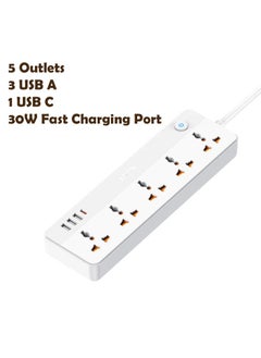 REMAX Multifunctional Power Strip 2500W with USB-C & 5-Outlets, 1.5M Cable, 30W Type-C, USB PORTS, Independent Switches & Indicator Light, UK PLUG (BLACK)  - Image 2