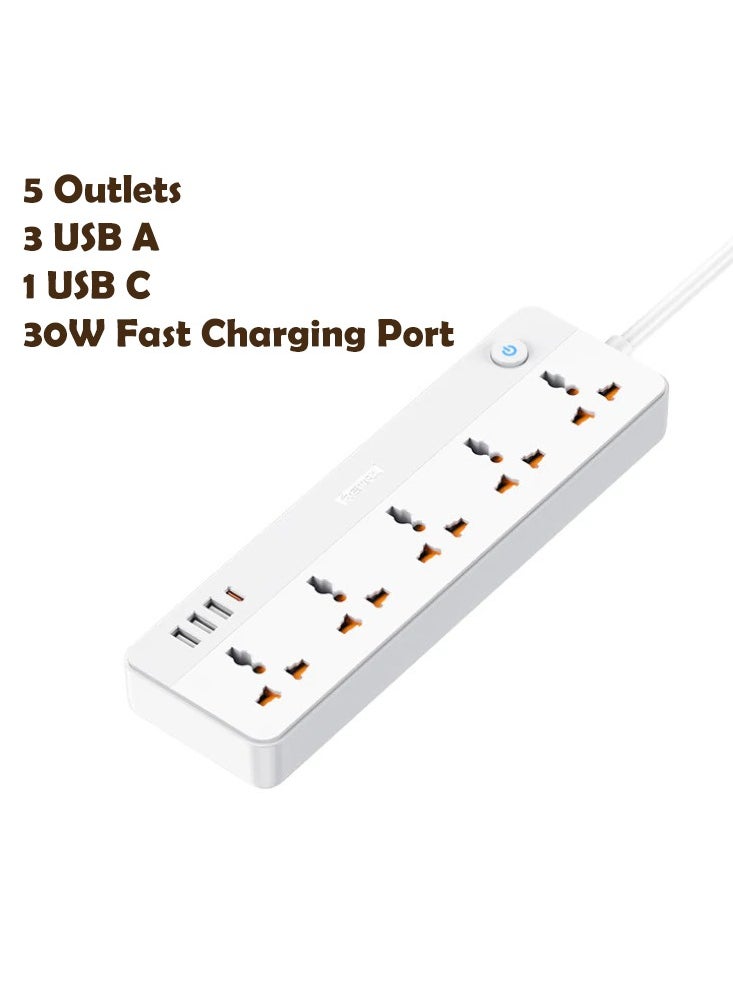 REMAX Multifunctional Power Strip 2500W with USB-C & 5-Outlets, 1.5M Cable, 30W Type-C, USB PORTS, Independent Switches & Indicator Light, UK PLUG (BLACK)  - Image 2