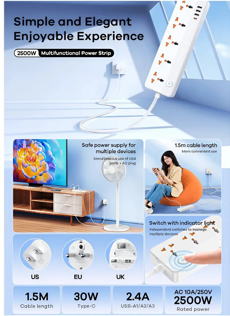 REMAX Multifunctional Power Strip 2500W with USB-C & 5-Outlets, 1.5M Cable, 30W Type-C, USB PORTS, Independent Switches & Indicator Light, UK PLUG (BLACK)  - Image 3