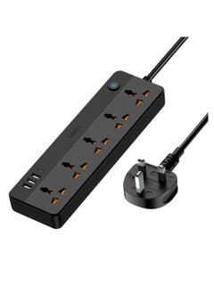 REMAX Multifunctional Power Strip 2500W with USB-C & 5-Outlets, 1.5M Cable, 30W Type-C, USB PORTS, Independent Switches & Indicator Light, UK PLUG (BLACK)  - Image 1