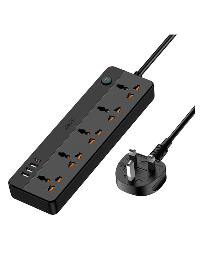 REMAX Multifunctional Power Strip 2500W with USB-C & 5-Outlets, 1.5M Cable, 30W Type-C, USB PORTS, Independent Switches & Indicator Light, UK PLUG (BLACK)  - Image 1