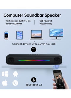Generic Computer Speakers for PC Desktop Bluetooth 5.0 and 3.5mm Aux in Dynamic RGB Bluetooth Soundbar Portable Dual Speakers Subwoofer Computer SoundBar Speaker for Desktop Laptop Phone Black  - Image 3