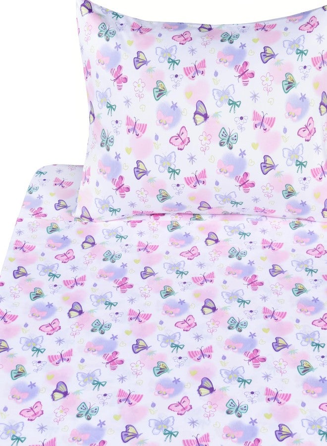 J-pinno Butterfly in Wonderland Purple Pink Cute Twin 100% Cotton 3 Pieces Sheet Set for Kids Girls Children, Flat Sheet + Fitted Sheet + Pillowcase Bedding Decoration Gift Set - Image 1