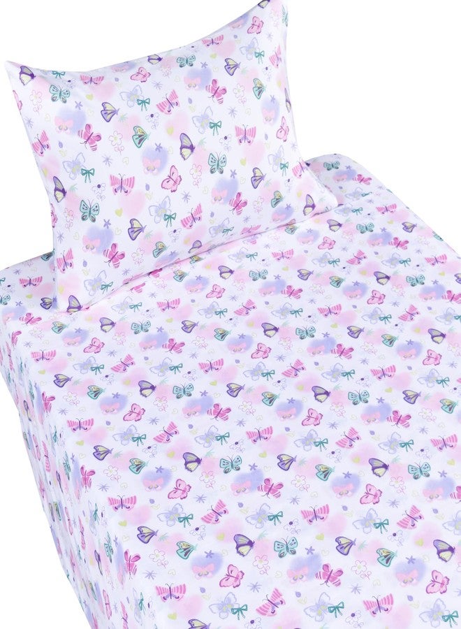 J-pinno Butterfly in Wonderland Purple Pink Cute Twin 100% Cotton 3 Pieces Sheet Set for Kids Girls Children, Flat Sheet + Fitted Sheet + Pillowcase Bedding Decoration Gift Set - Image 3