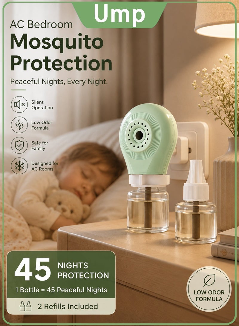 Ump Liquid Mosquito Killer Set, AC Bedroom Mosquito Repellent Plug-in, Low Odor Liquid Vaporizer with 2 Refills, 45 Nights Protection, Silent Indoor Mosquito Defense for Baby Room & Home - Image 1
