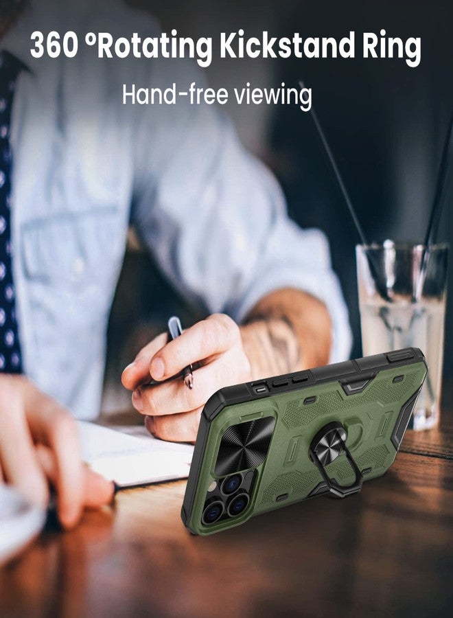 VEGO iPhone 13 Pro Max / 12 Pro Max 6.7 inch Stand Case with Slide Lens Cover, Built-in 360 Rotate Ring Stand Magnetic Car Mount - Green - Image 4