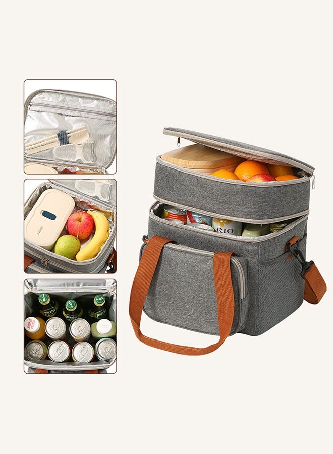 HOOPZOZA Coffee Tools Bag Grey Double Layer Thermal Lunch Bag Large Capacity Picnic Box Meal Pouch Food Insulated Cooler Delivery Bags for Women Men Kids 28×27×18CM  - Image 2