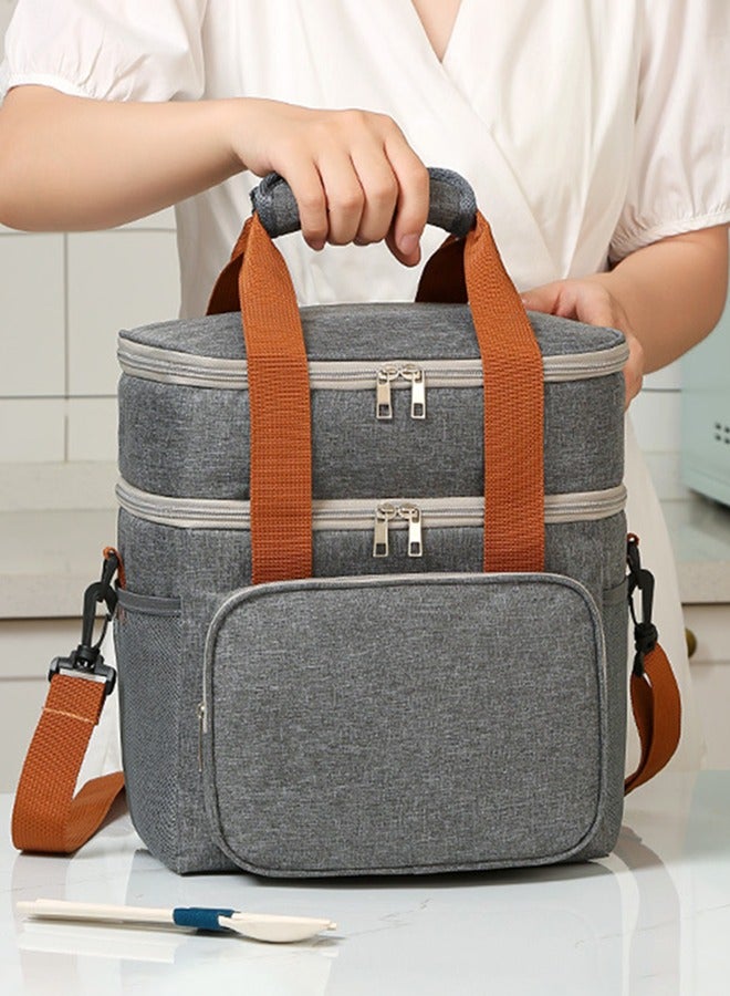 HOOPZOZA Coffee Tools Bag Grey Double Layer Thermal Lunch Bag Large Capacity Picnic Box Meal Pouch Food Insulated Cooler Delivery Bags for Women Men Kids 28×27×18CM  - Image 3