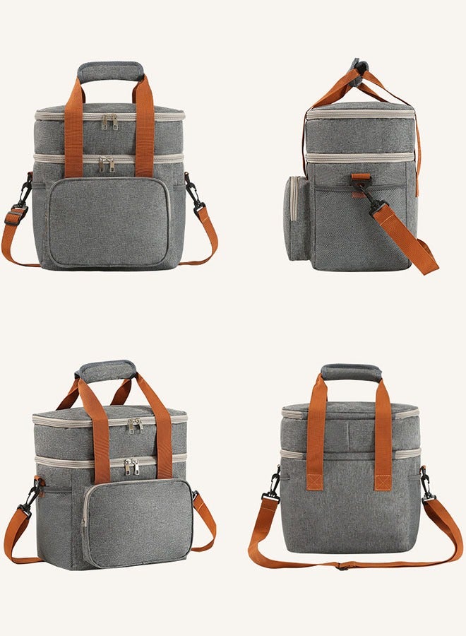 HOOPZOZA Coffee Tools Bag Grey Double Layer Thermal Lunch Bag Large Capacity Picnic Box Meal Pouch Food Insulated Cooler Delivery Bags for Women Men Kids 28×27×18CM  - Image 4