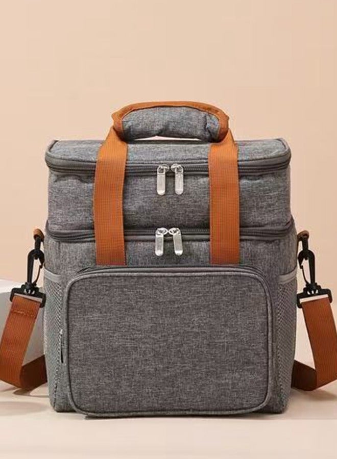 HOOPZOZA Coffee Tools Bag Grey Double Layer Thermal Lunch Bag Large Capacity Picnic Box Meal Pouch Food Insulated Cooler Delivery Bags for Women Men Kids 28×27×18CM  - Image 5