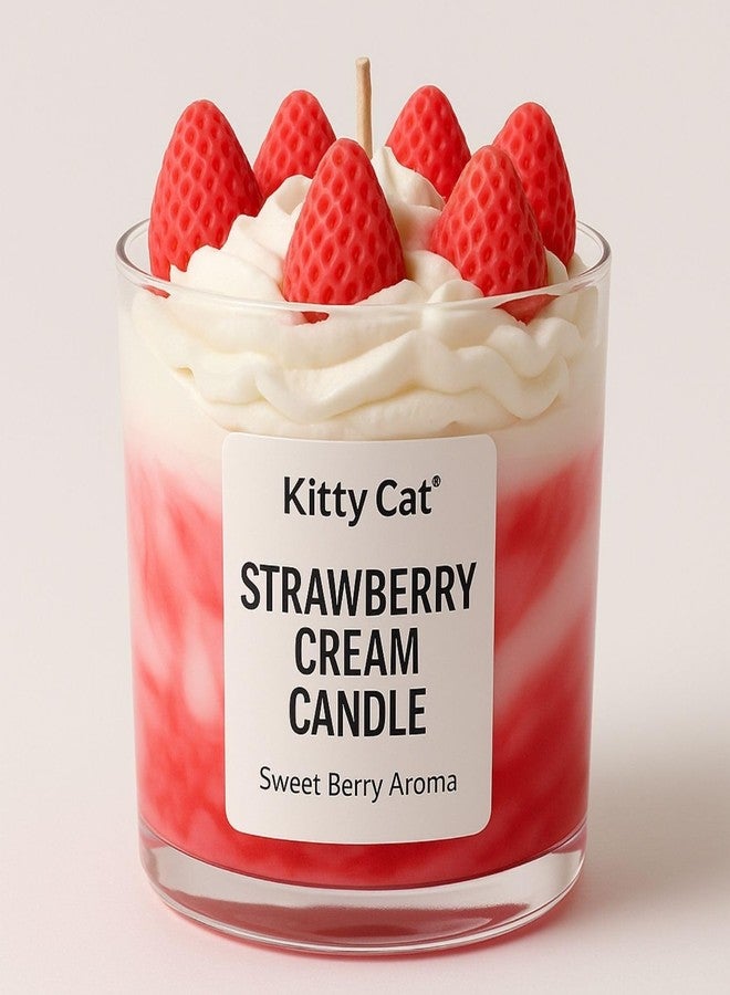 Kitty Cat® Strawberry Cream Candle - Sweet Berry Aroma | Whipped Cream & Strawberry Wax Toppers | Long Burning Soy Wax Blend Scented Candle | Aesthetic Home Décor & Cute Gifting Girls, Bedroom| 200g - Image 1