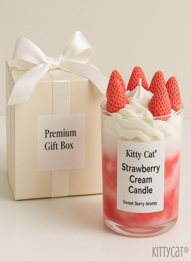 Kitty Cat® Strawberry Cream Candle - Sweet Berry Aroma | Whipped Cream & Strawberry Wax Toppers | Long Burning Soy Wax Blend Scented Candle | Aesthetic Home Décor & Cute Gifting Girls, Bedroom| 200g - Image 4