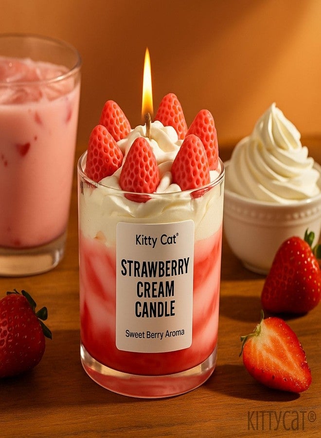 Kitty Cat® Strawberry Cream Candle - Sweet Berry Aroma | Whipped Cream & Strawberry Wax Toppers | Long Burning Soy Wax Blend Scented Candle | Aesthetic Home Décor & Cute Gifting Girls, Bedroom| 200g - Image 3
