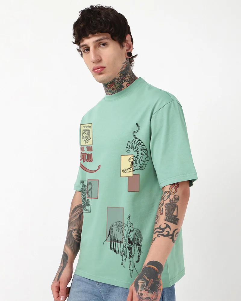 bewakoof Men's Iceberg Green Nawaab Graphic Printed Oversized T-shirt