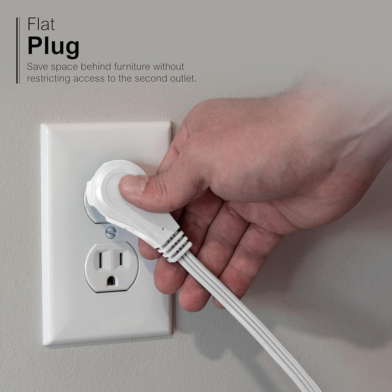 GE 3-Outlet Flat Extension Cord 3 Ft Grounded Extension Cord with Multiple Outlets 3 Prong Outlet Extender Flat Plug Power Strip Indoor 16 Gauge UL Listed 2 Pack White 69871 - Image 3