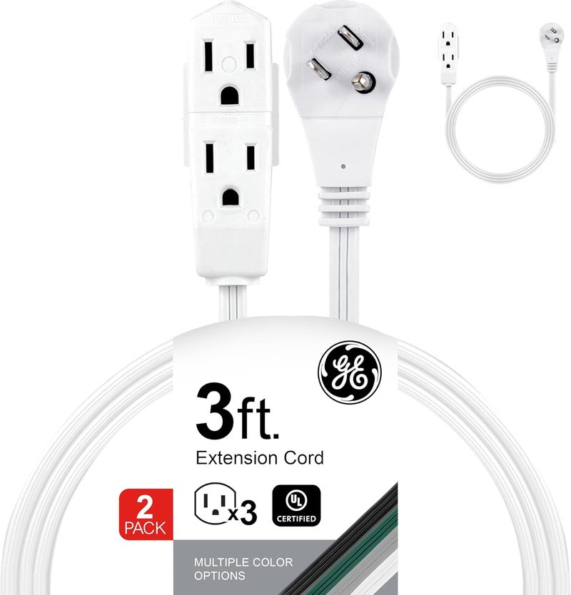 GE 3-Outlet Flat Extension Cord 3 Ft Grounded Extension Cord with Multiple Outlets 3 Prong Outlet Extender Flat Plug Power Strip Indoor 16 Gauge UL Listed 2 Pack White 69871 - Image 1