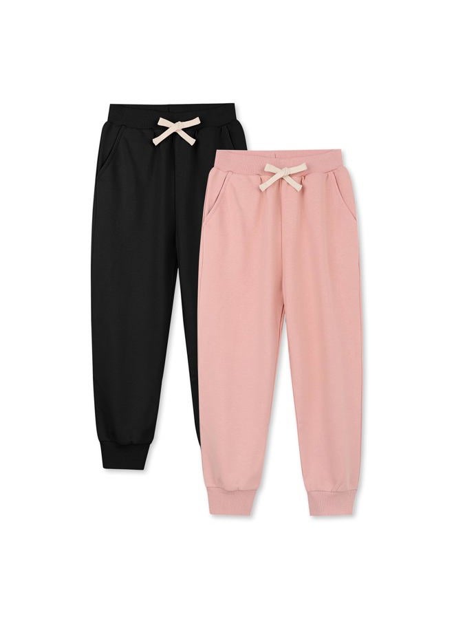 Phedrew 2-Pack Girls Cotton Sweatpants Kids Athletic Performance Drawstring Jogger Pants for Toddler Girls（2-14 Years）, Black/Dusty Rose, 2-3 Years - Image 1