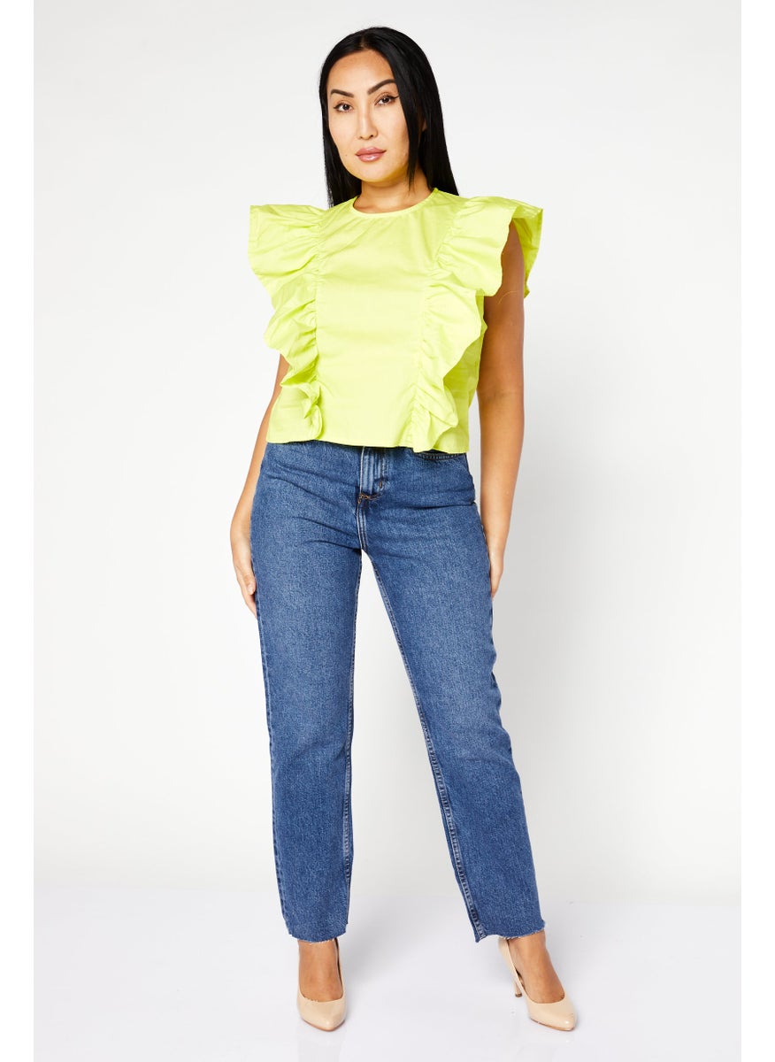 Deluc - Women Round Neck Short Sleeve Textured Shirt, Lime Green - Image 1