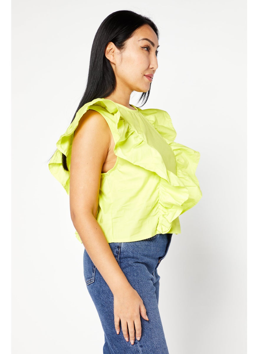 Deluc - Women Round Neck Short Sleeve Textured Shirt, Lime Green - Image 1