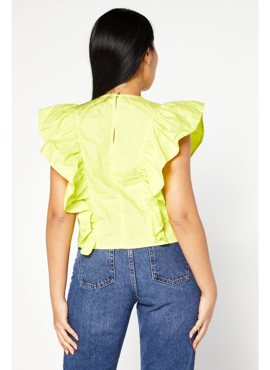 Deluc - Women Round Neck Short Sleeve Textured Shirt, Lime Green - Image 1