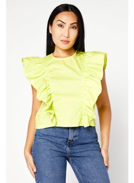 Women Round Neck Short Sleeve Textured Shirt, Lime Green