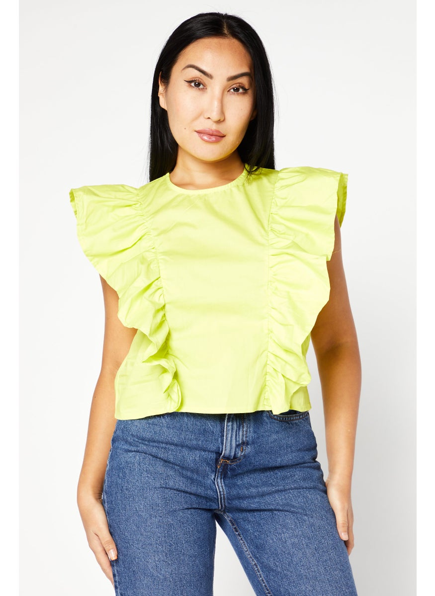 Deluc - Women Round Neck Short Sleeve Textured Shirt, Lime Green - Image 1