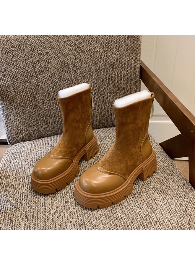 Retro Boots For Women British Style  Autumn And Winter New Style Small Thick Sole Heightening Black Thick Heel Slim Short Boots