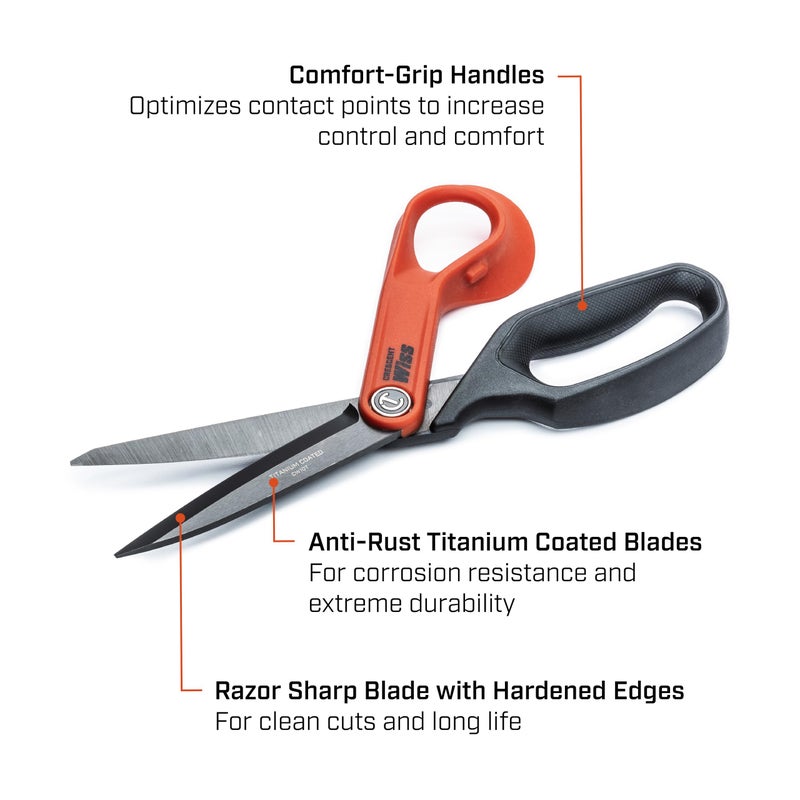 Wiss Crescent Wiss 10" Titanium Coated Offset Tradesman Shears - Industrial Heavy Duty Utility Shears Scissors for Cutting Leather, Wire, Cardboard - Right-Hand - CW10T - Image 3