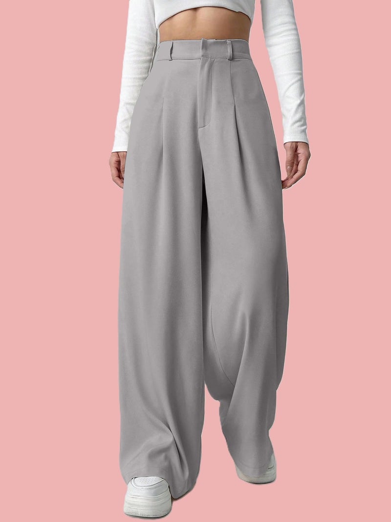 Aahwan Grey Solid High Waist Straight Korean Loose Pleated Wide Leg Trouser for Women's & Girl's(296-Grey_34) - Image 3