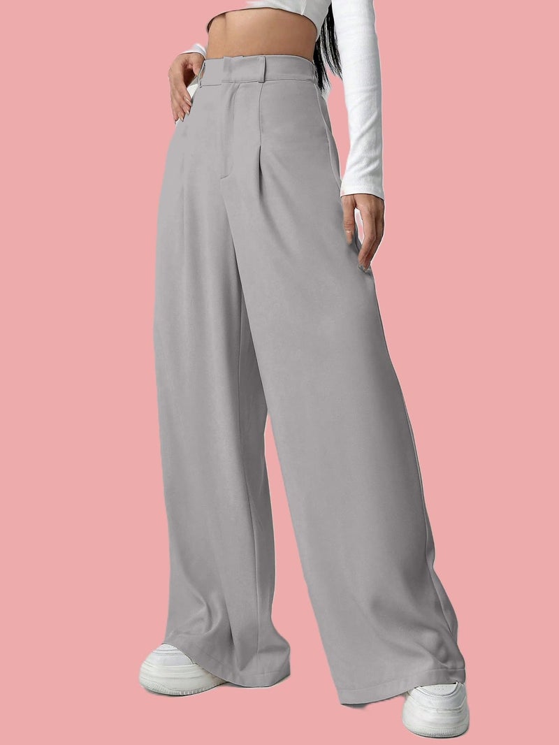 Aahwan Grey Solid High Waist Straight Korean Loose Pleated Wide Leg Trouser for Women's & Girl's(296-Grey_34) - Image 4